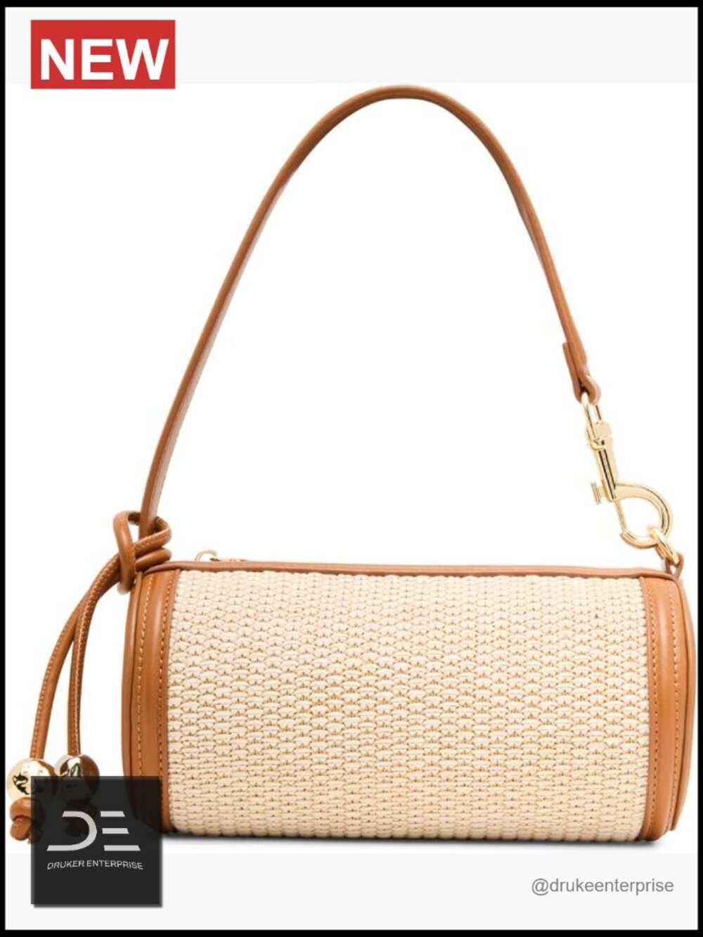 Straw Mini Barrel Bag with Shoulder Strap and Zipper